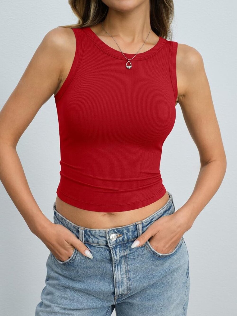 〽️Women's Red Short Sleeveless High Neck Slim Fit Shirts Crop Tank Tops
